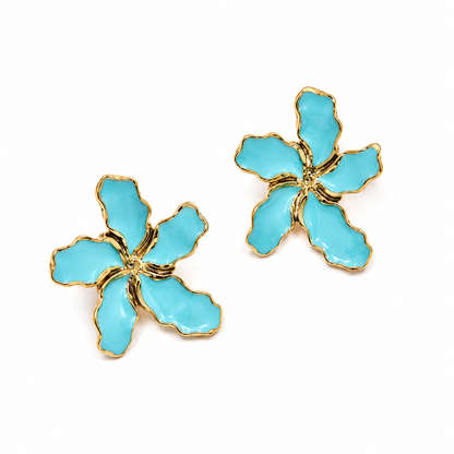 Brinco Flor Estrela Esmaltado Azul Ouro 18k
