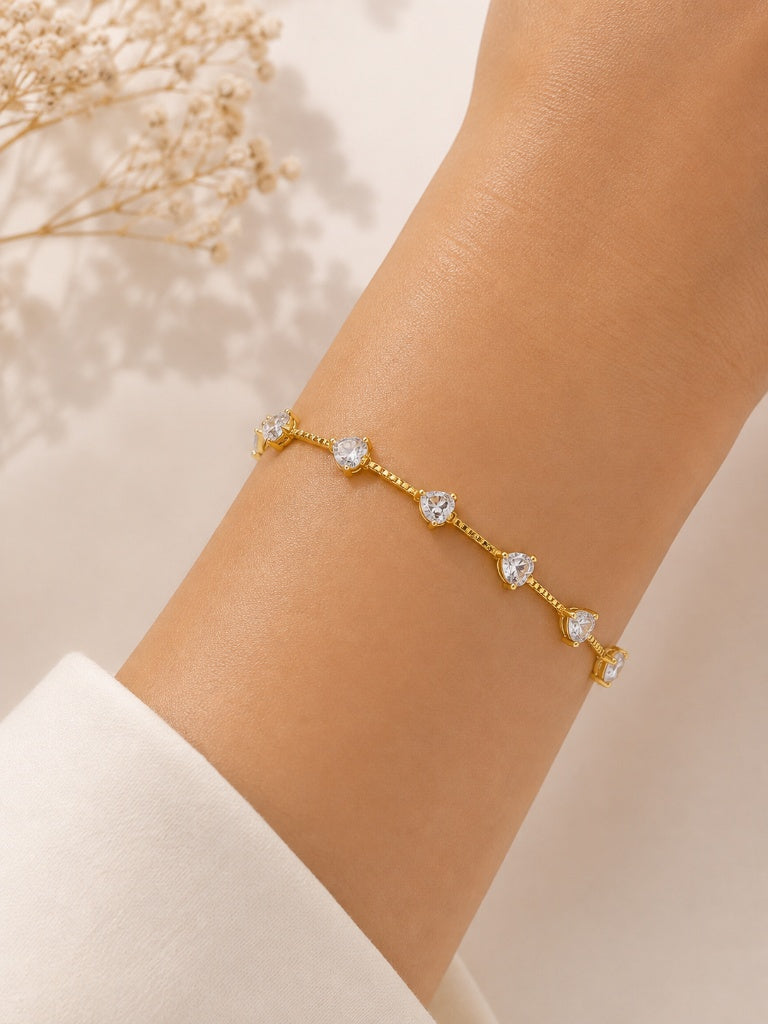 Pulseira Zircônia Coração Espaçado Ouro 18k
