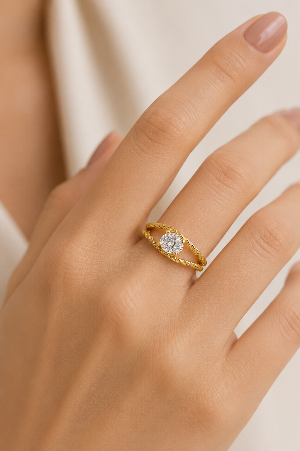 Anel Duplo Trançado com Zircônia Oval Ouro 18k