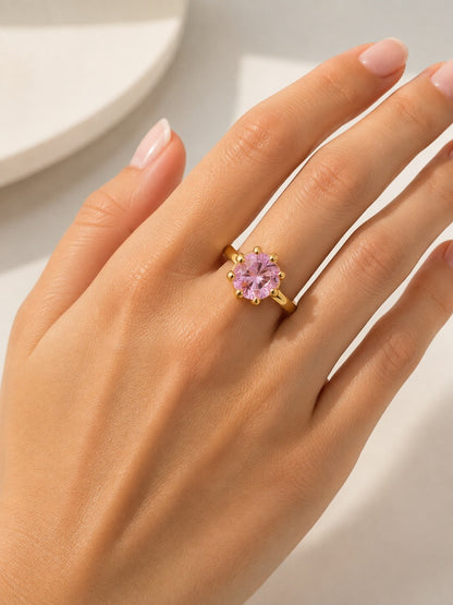 Anel Solitário Regulável Zircônia Quartzo Rosa 12mm Ouro 18k