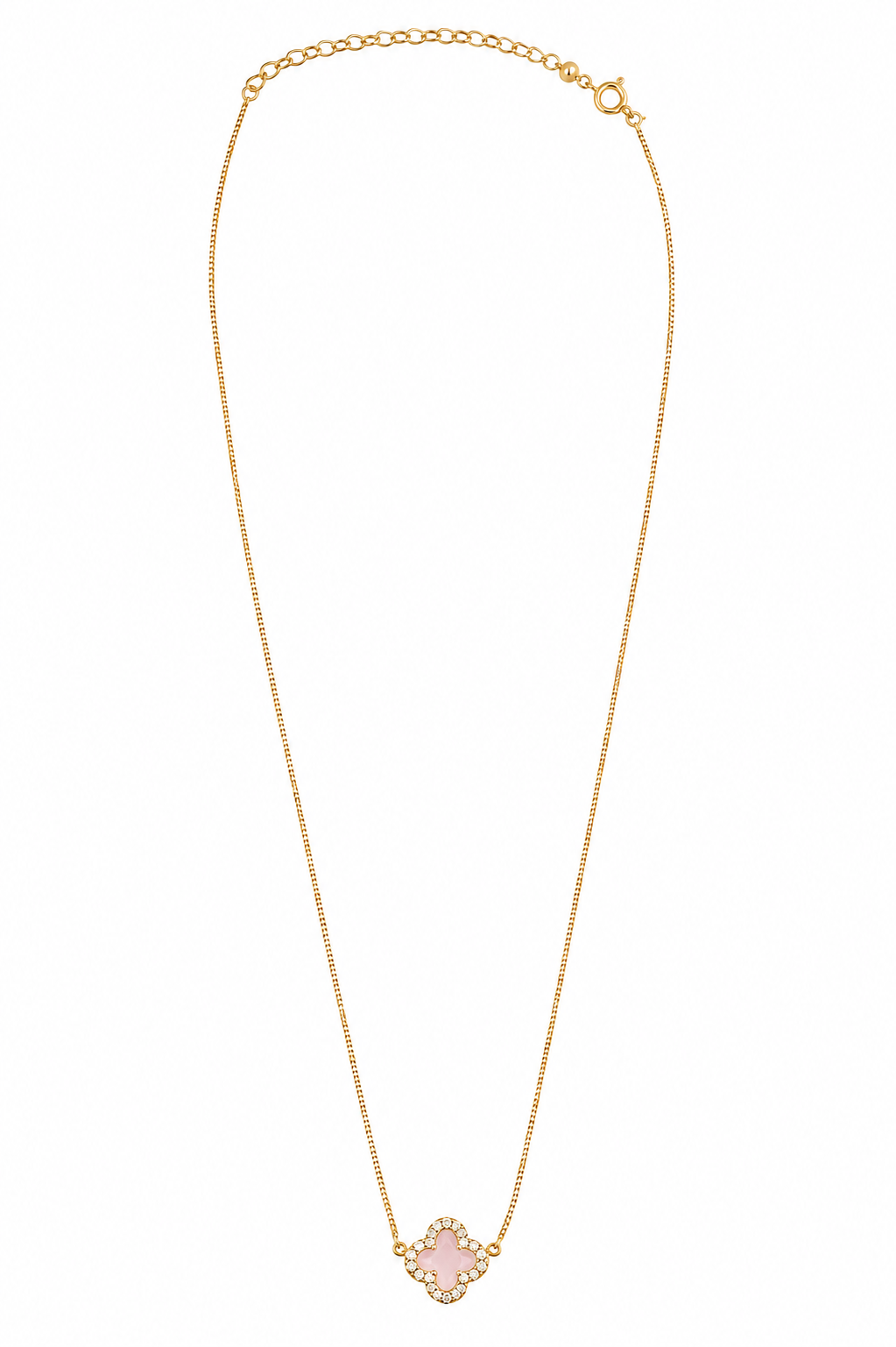 Colar Trevo Quartzo Rosa Com Micro Zircônia Ouro 18k