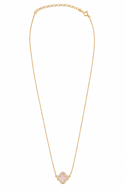 Colar Trevo Quartzo Rosa Com Micro Zircônia Ouro 18k