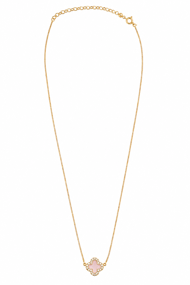 Colar Trevo Quartzo Rosa Com Micro Zircônia Ouro 18k