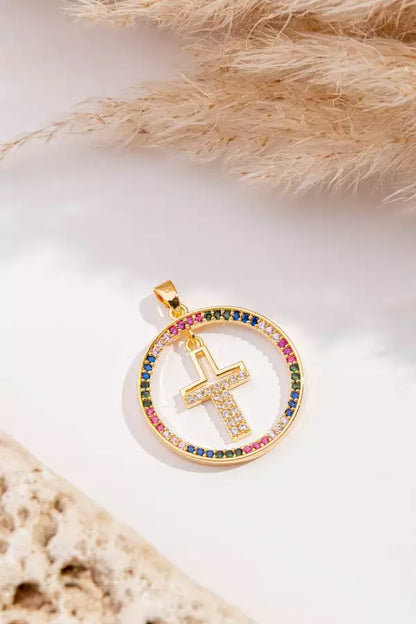 Pingente Redondo Cruz Pendulo Colorido Ouro 18k