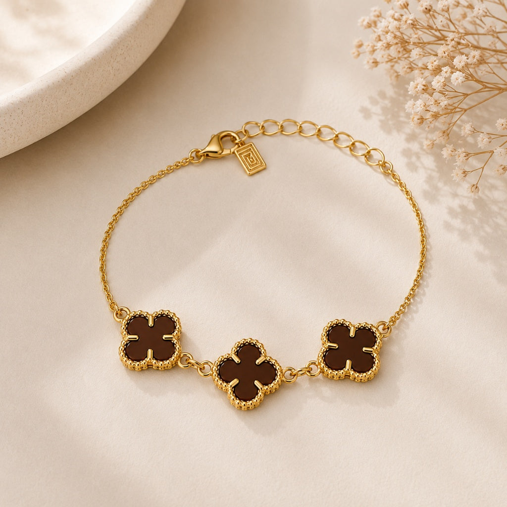 Pulseira Trevo Polímero Chocolate Ouro 18k