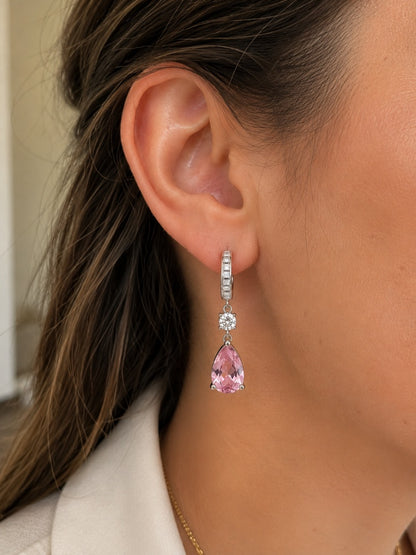 Brinco Argola Pingente Gota Rosa Prata 925