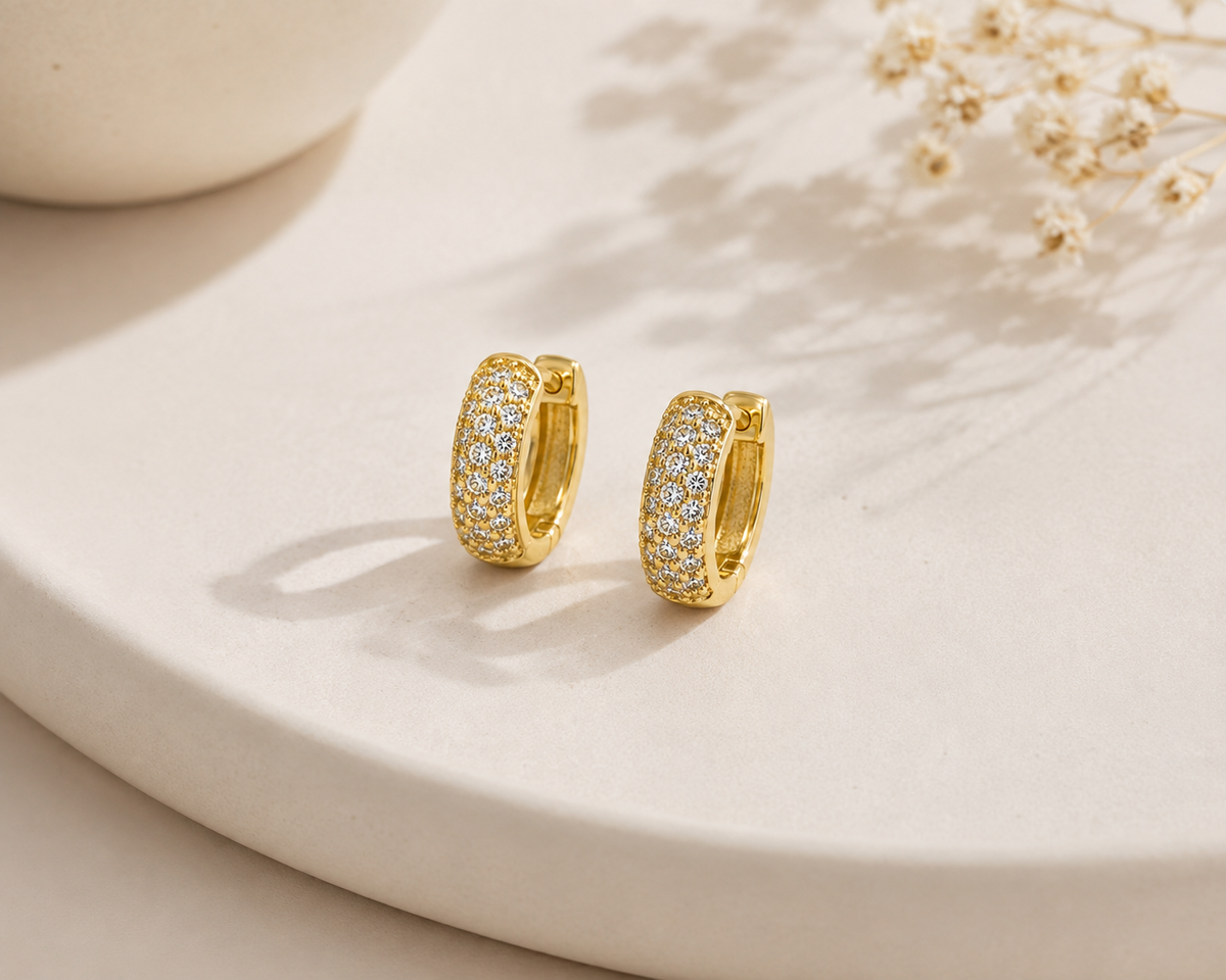 Brinco Argola Cravejada 3 Fileiras Zircônia P Ouro 18k