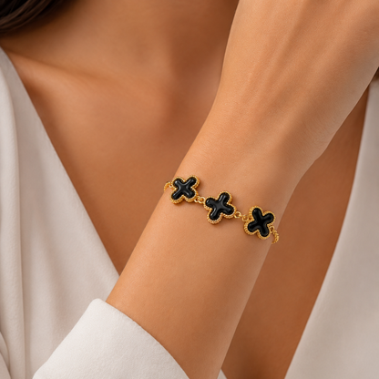 Pulseira Trevo Esmaltado Preto Ouro 18k