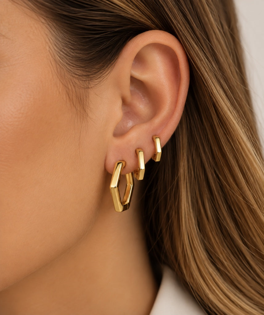 Brinco Trio Argola Hexagonal Ouro 18k
