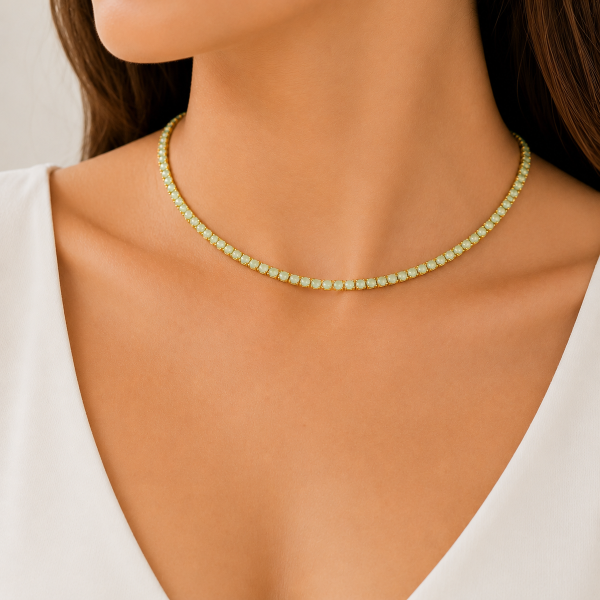Colar Riviera Quartzo Verde 2mm Ouro 18k