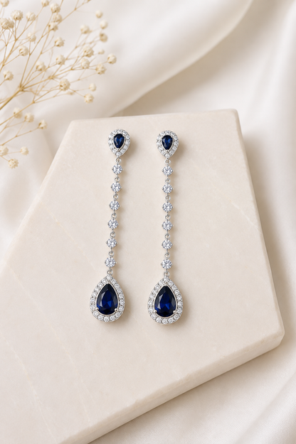 Brinco Party Pendulo Gota Azul Safira Prata 925