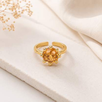 Anel Solitário Regulável Zircônia Citrino Champagne 12mm Ouro 18k