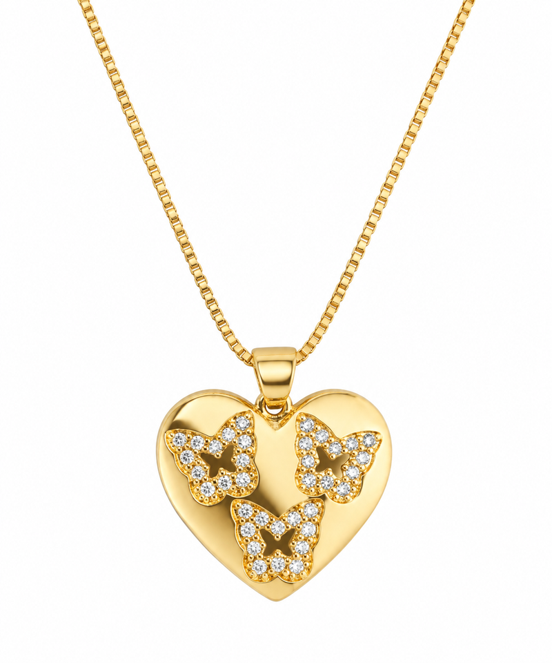 Colar Coração Borboleta Cravejada Ouro 18k