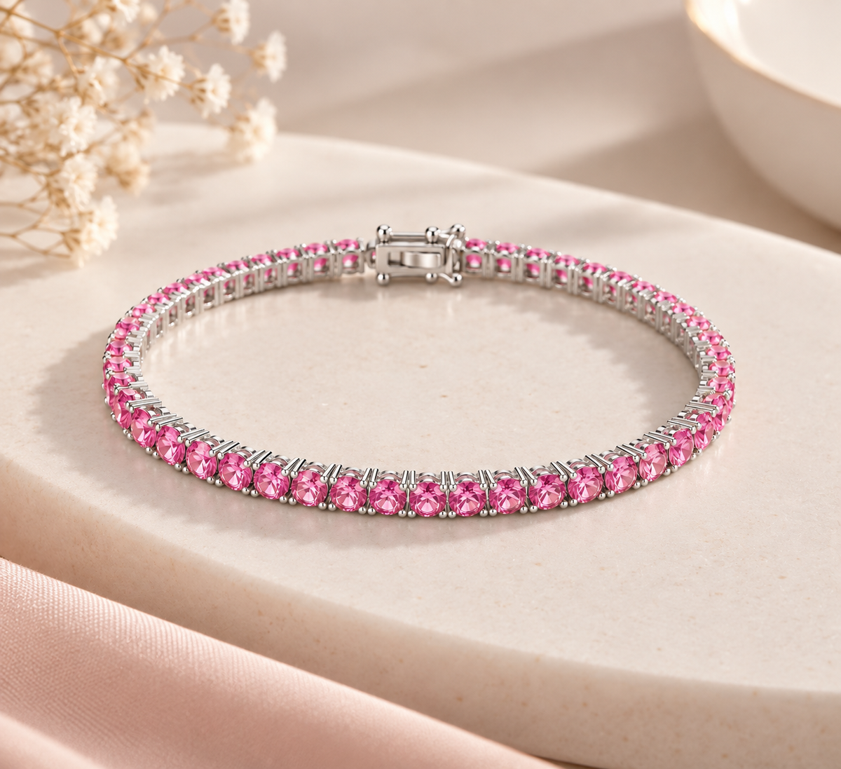 Pulseira Riviera Três Pontas Pink Ródio Branco