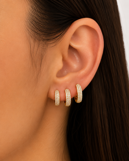 Brinco Trio Cravejado Três Fileiras Zircônia Ouro 18k