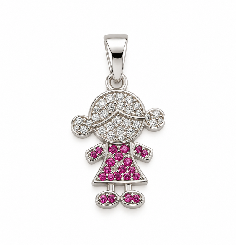 Pingente Menina Rosa Ródio Branco