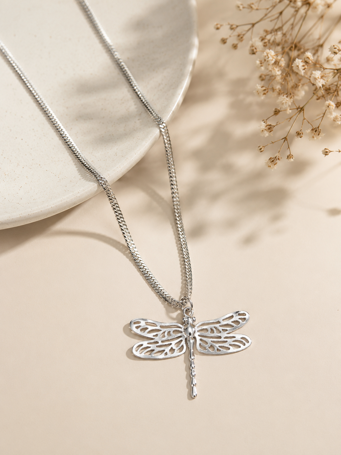 Colar Libélula Elo Diamantado Ródio Branco