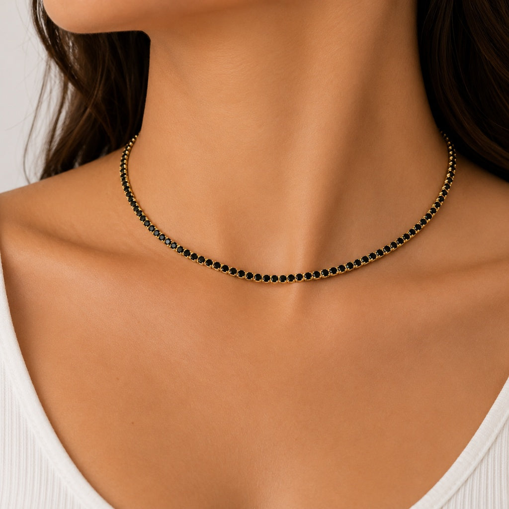 Colar Riviera Quatzo Preto 2mm Ouro 18k