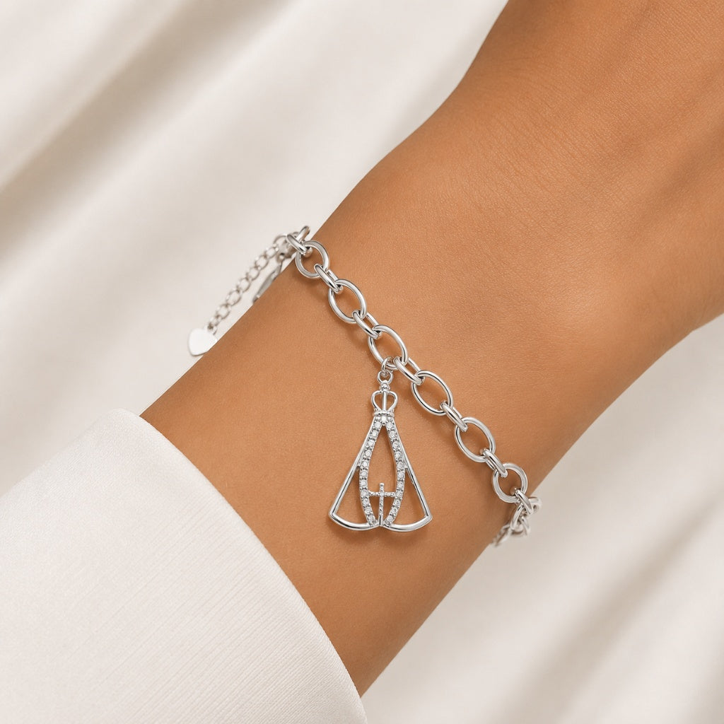 Pulseira Elo Portugues com Nossa Senhora Cravejada Ródio Branco