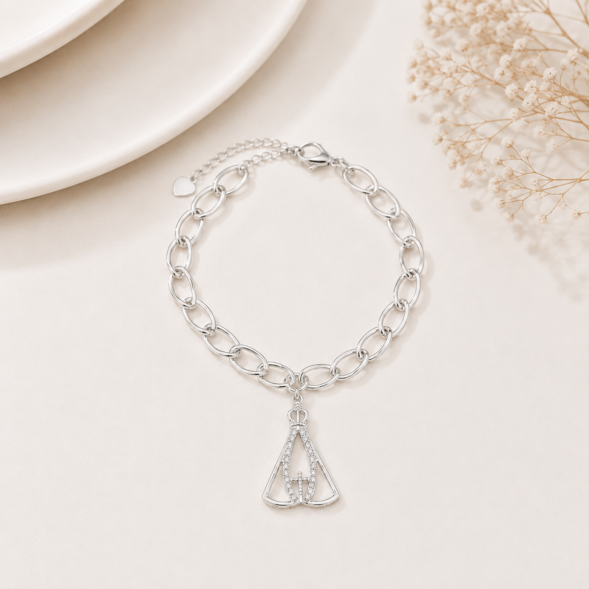 Pulseira Elo Portugues com Nossa Senhora Cravejada Ródio Branco