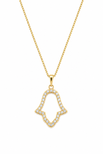Colar Mão de Fátima Vazada com Zircônias Ouro 18k