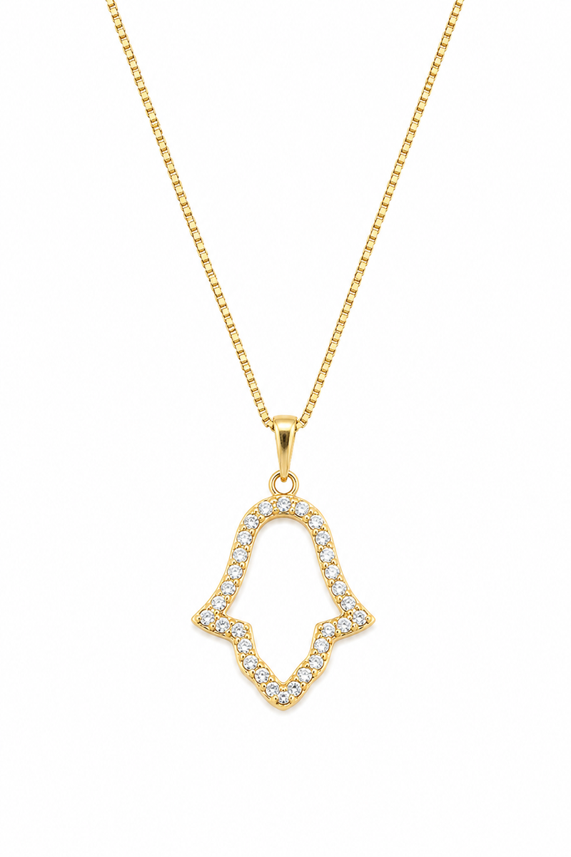 Colar Mão de Fátima Vazada com Zircônias Ouro 18k
