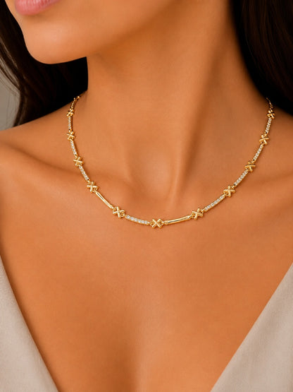 Colar “X”Alta Joalheria Espaçamento Micro Cravejado Ouro 18k