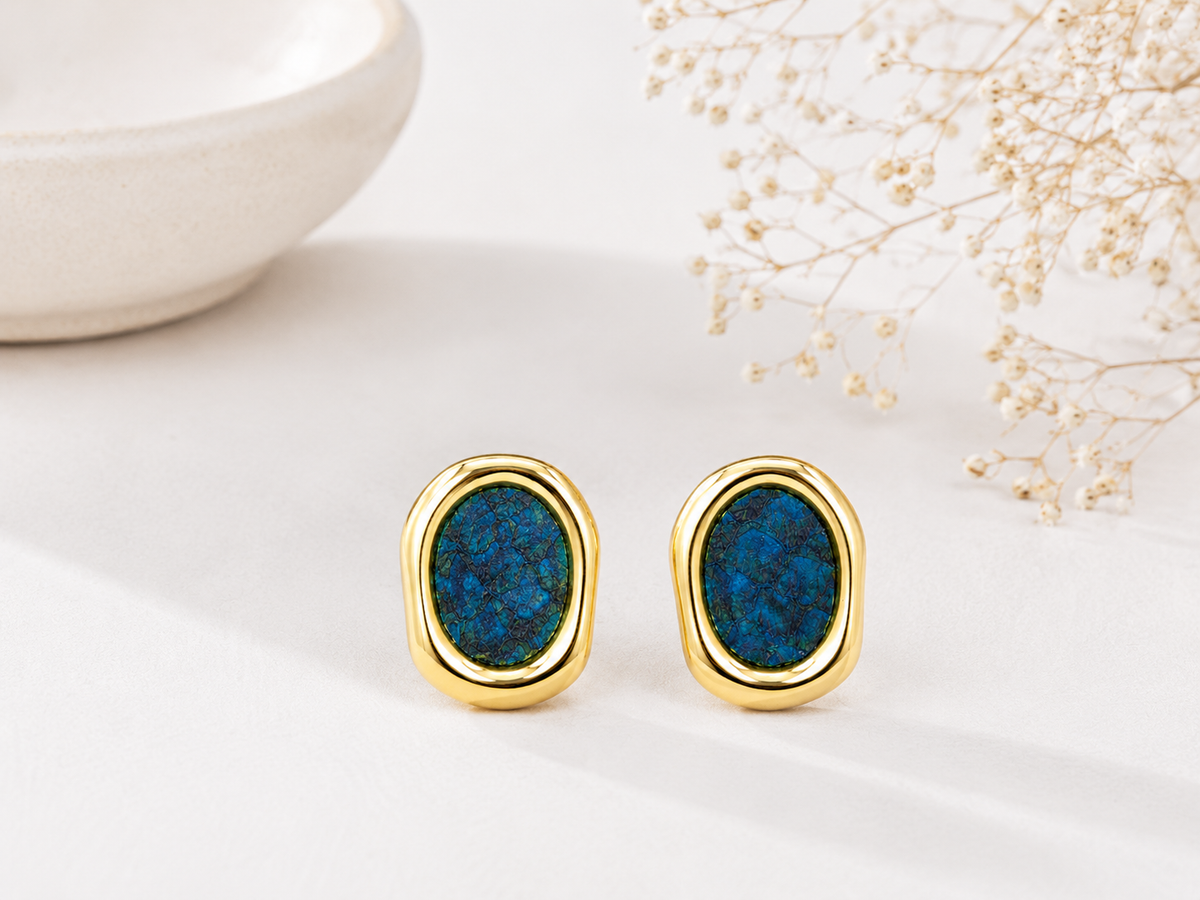 Brinco Escama Imperial Azul Ouro 18k