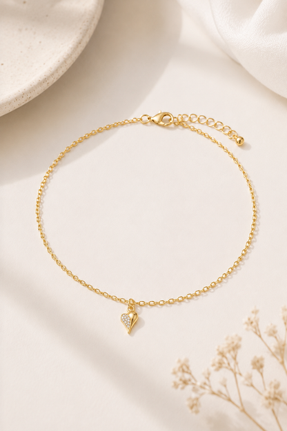 Tornozeleira Elo Coração com Coração Cravejado Ouro 18k
