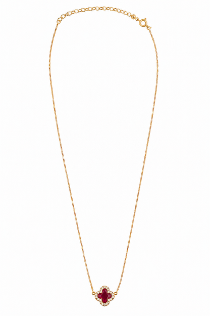 Colar Trevo Ruby Com Micro Zircônia Ouro 18k