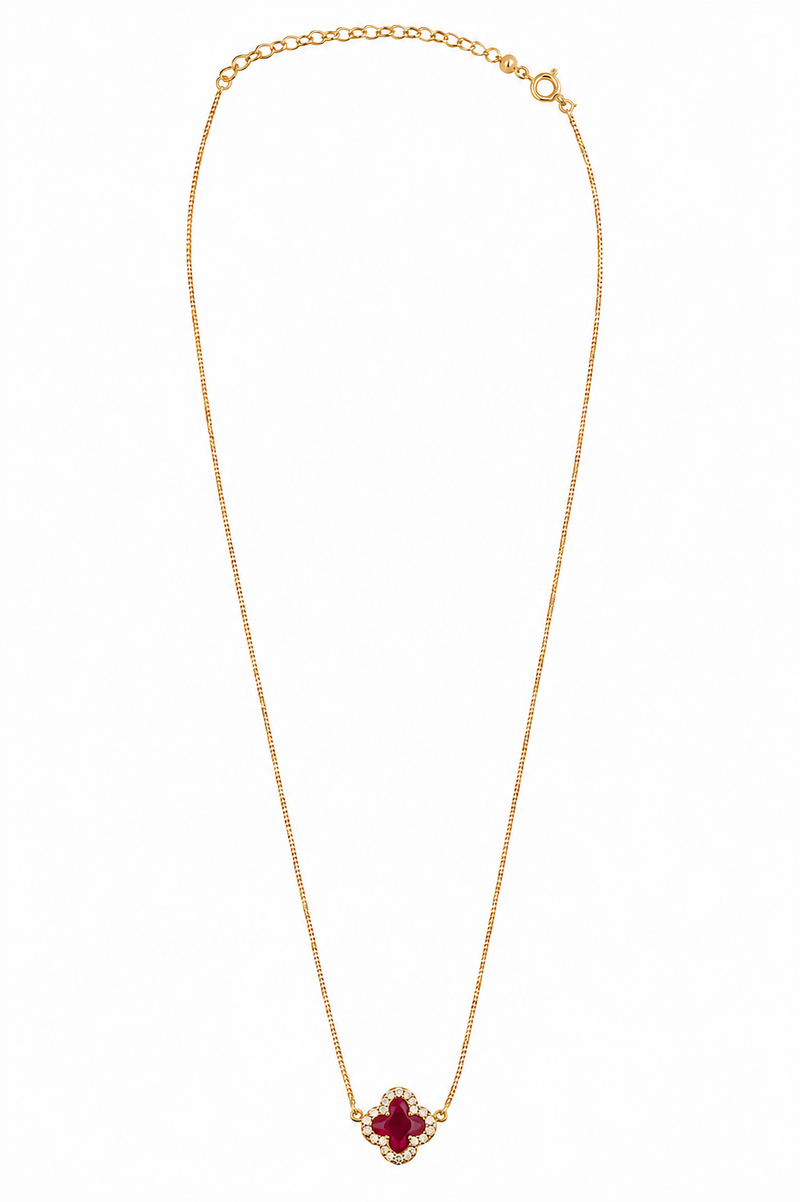 Colar Trevo Ruby Com Micro Zircônia Ouro 18k