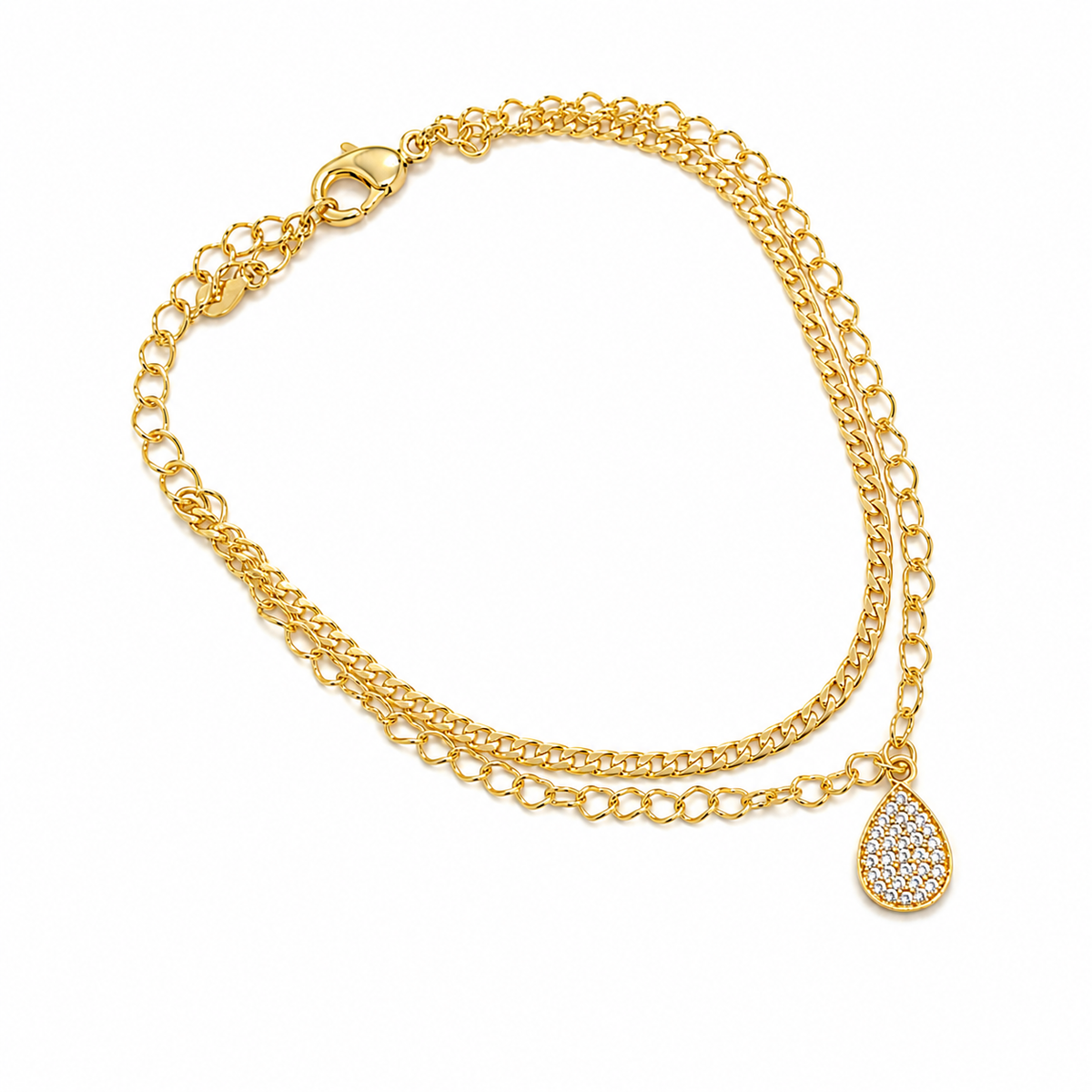 Pulseira Dupla Elo Coração + Groumet com Gota Cravejada MontClair Ouro 18k