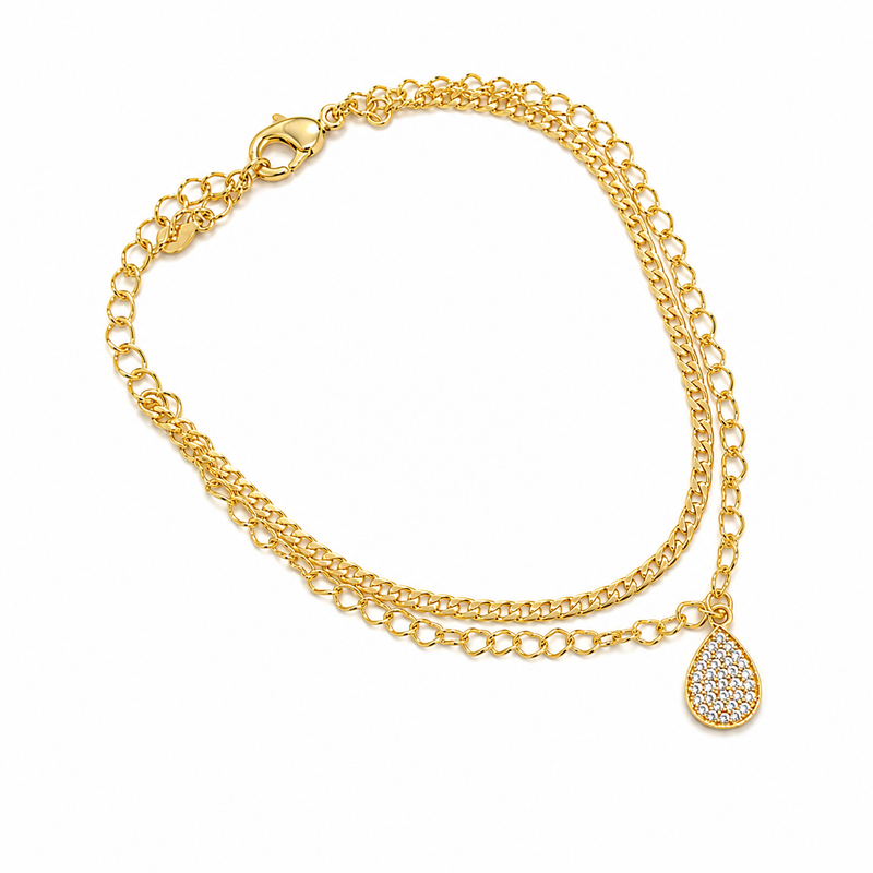 Pulseira Dupla Elo Coração + Groumet com Gota Cravejada MontClair Ouro 18k