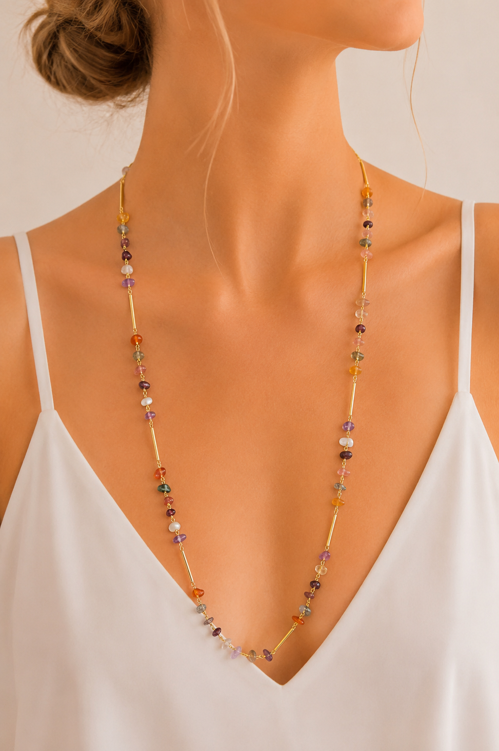 Colar Longo Cascalho Natural com Canutilho Ouro 18k