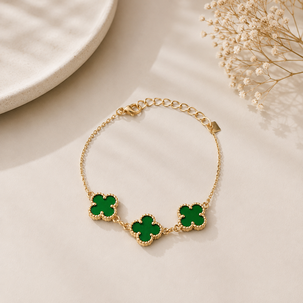 Pulseira Trevo Polímero Verde Ouro 18k