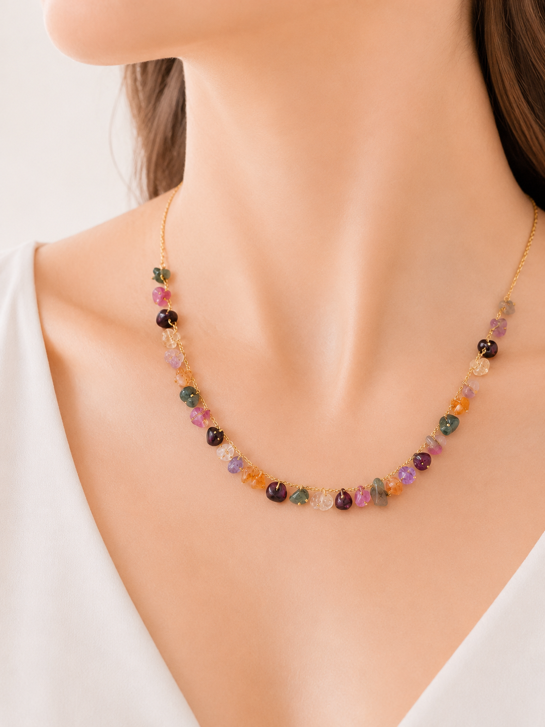 Colar Cascalho Colorido Natural Ouro 18k