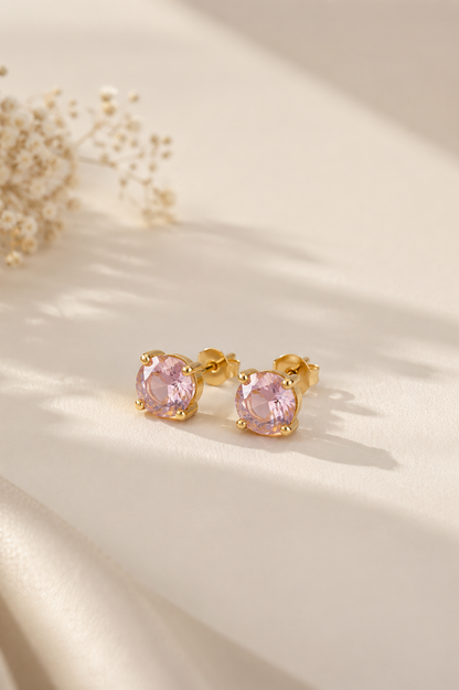 Brinco Ponto de Luz Quartzo Rosa 8mm Ouro 18k