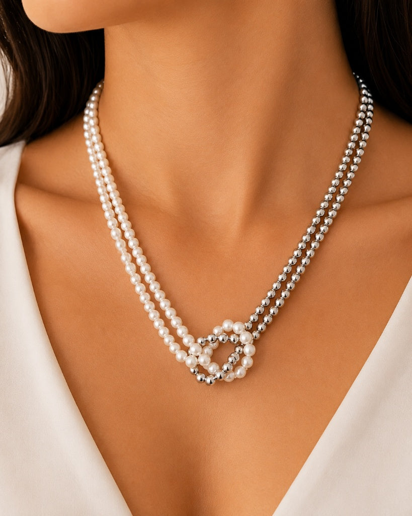 Colar Duo Esfera e Pérola Ródio Branco