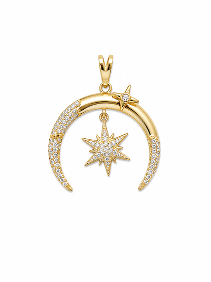 Pingente Lua e Estrela Cravejada Zircônia Ouro 18k