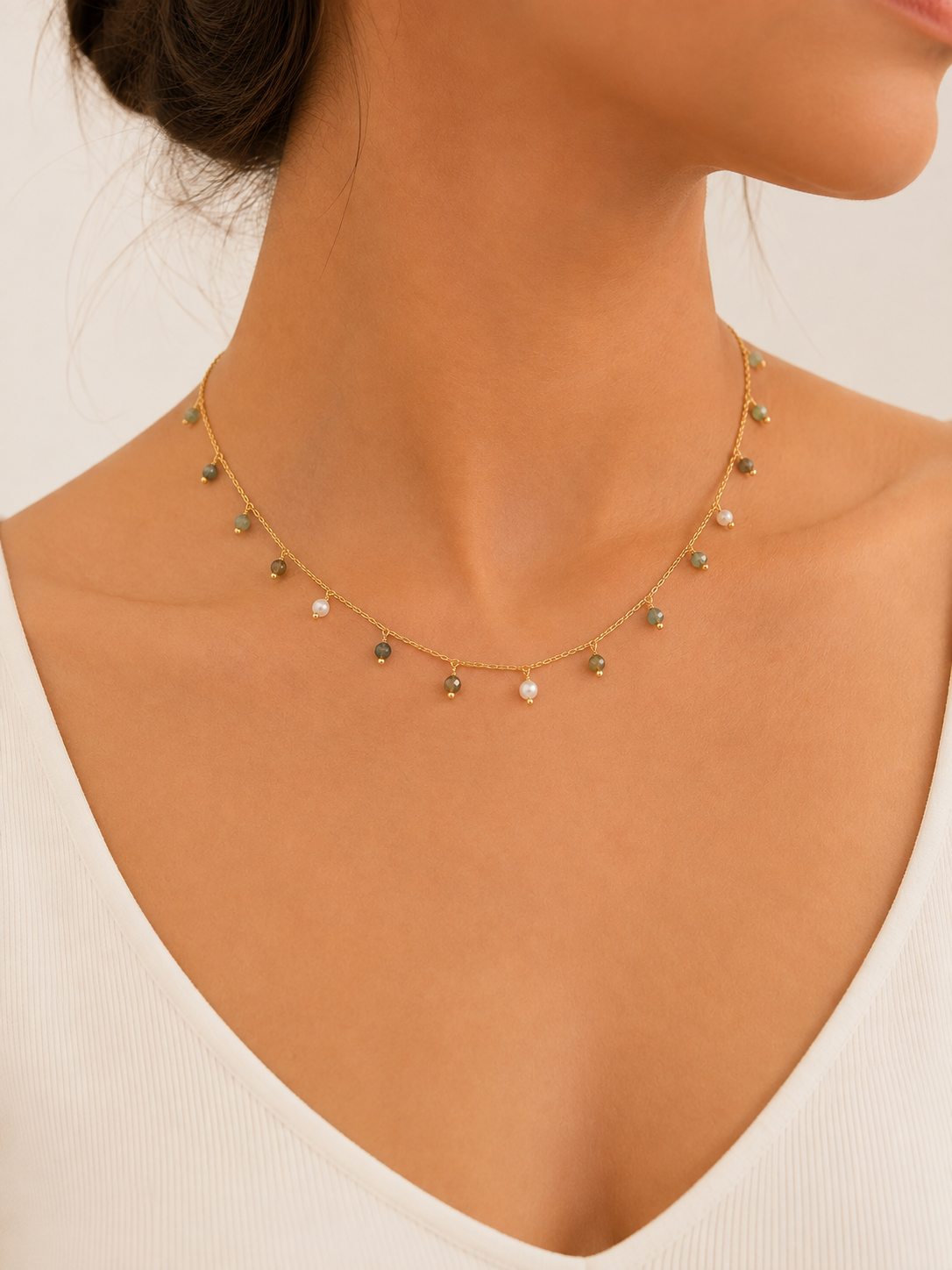 Choker Rondell com Pedra Natural Amazonita e Pérola Ouro 18k