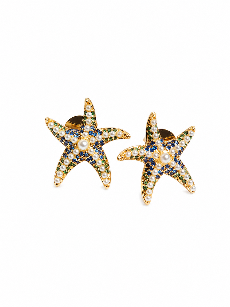 Brinco Ocean Queen Safira Azul com Esmeralda Ouro 18k