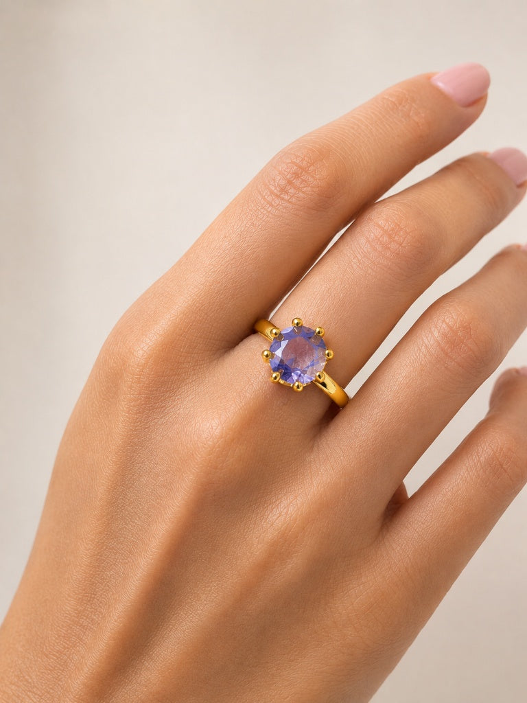 Anel Solitário Regulável Zircônia Ametista 12mm Ouro 18k