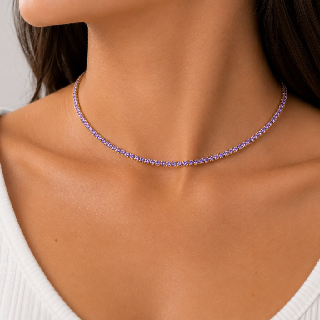 Colar Riviera Quartzo Lilas 2mm Ouro 18k