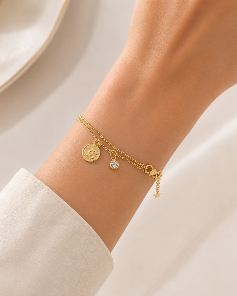 Pulseira Dupla Cartier + Ponto/Vírgula Medalinha Ouro 18k