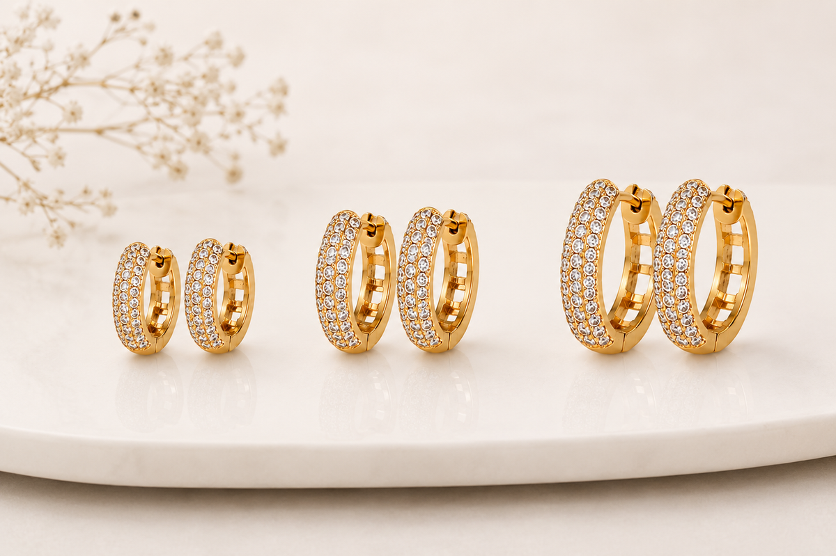 Brinco Trio Cravejado Três Fileiras Zircônia Ouro 18k