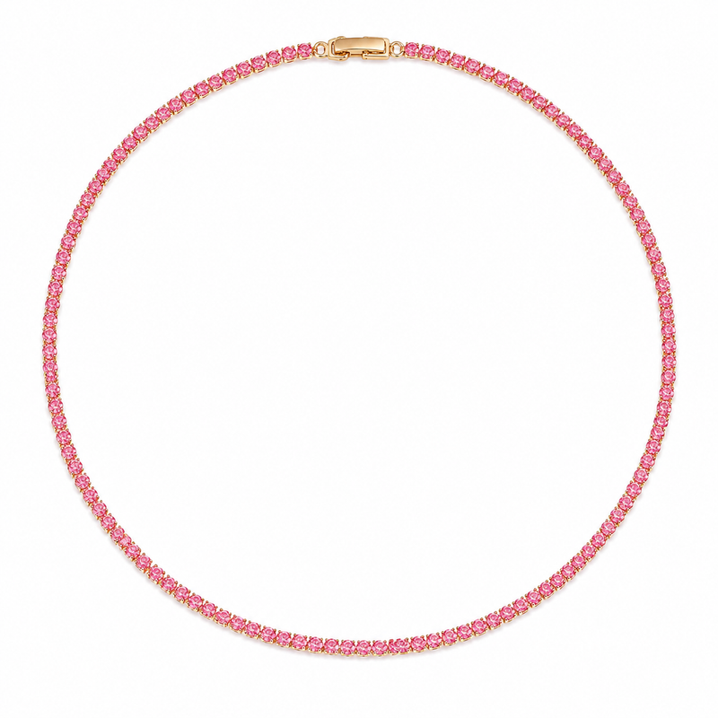Colar Riviera Rosa 2mm Ouro 18k