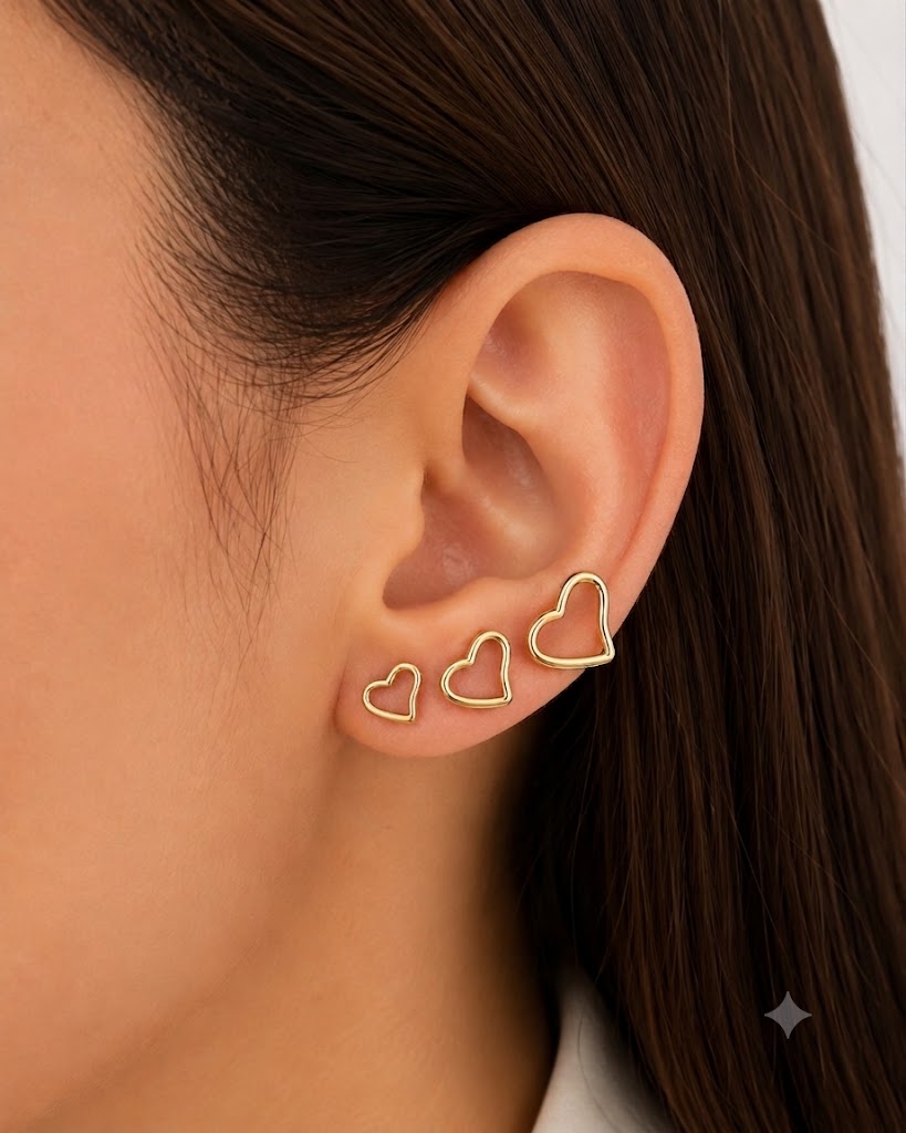 Brinco Trio Coração Corte Laser Ouro 18k