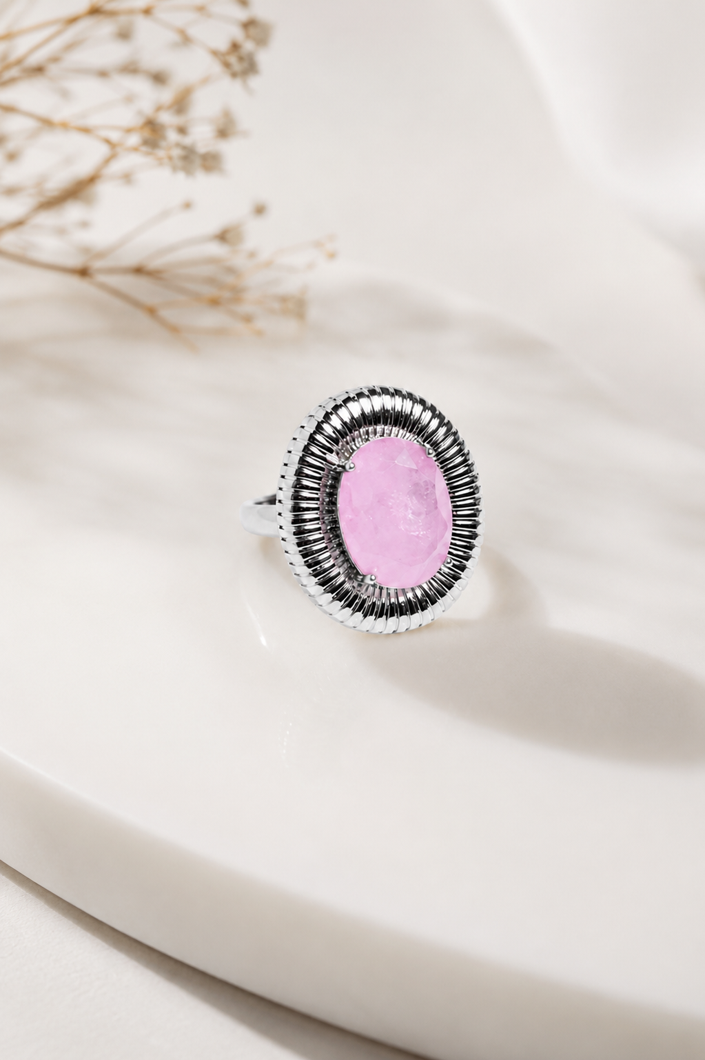 Anel Aura Imperial Quartzo Rosa Ródio Branco