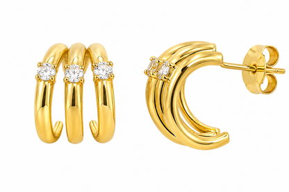 Brinco Meia Argola Tripla com Três Zircônias Ouro 18k