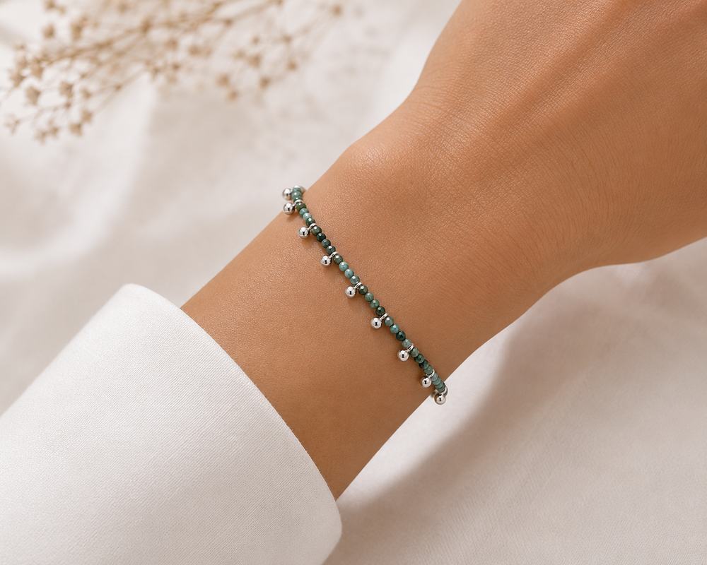 Pulseira Pedra Natural Com Bolinha de Metal Ródio Branco